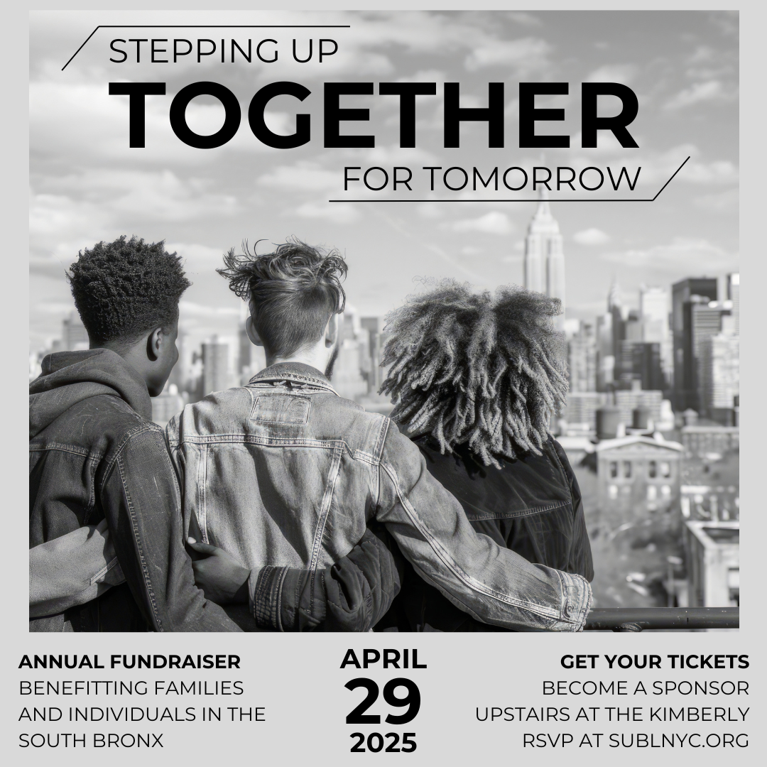 event flyer with three young people looking at new york city skyline